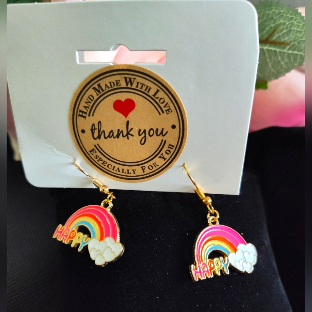 Rainbow Happy clouds  hearts Dangle Hoop earrings new